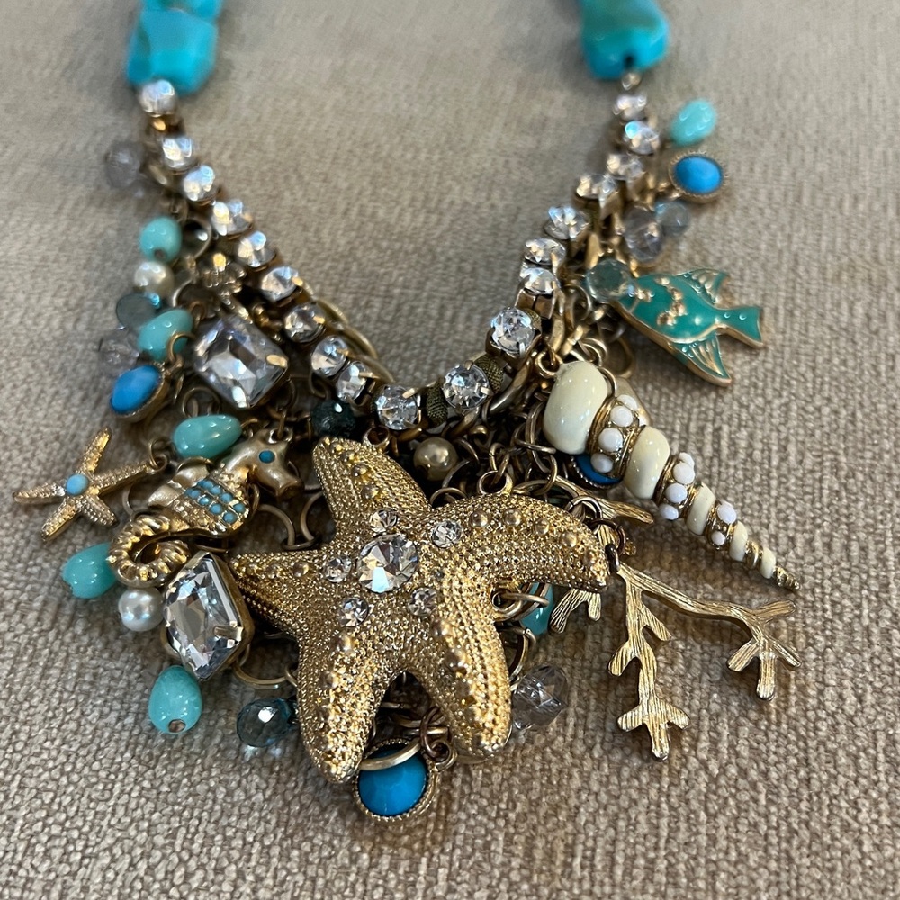 Gold and Blue Starfish Sea-themed bling Charm Necklace